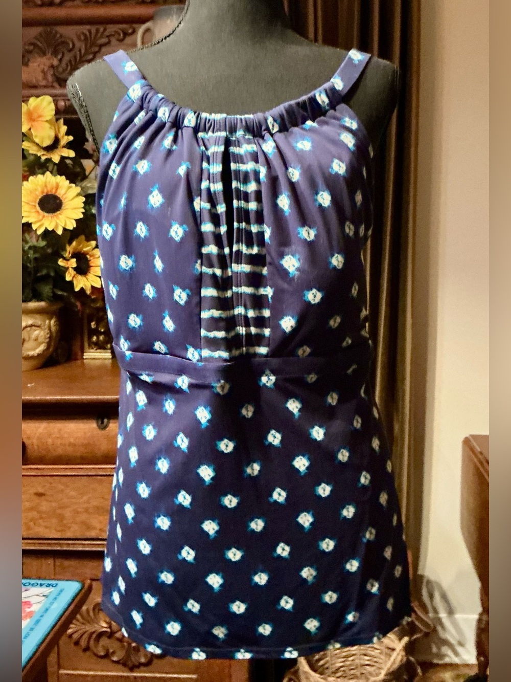 Beach House Navy Blue Floral-Print Sleeveless Swim Top 16W